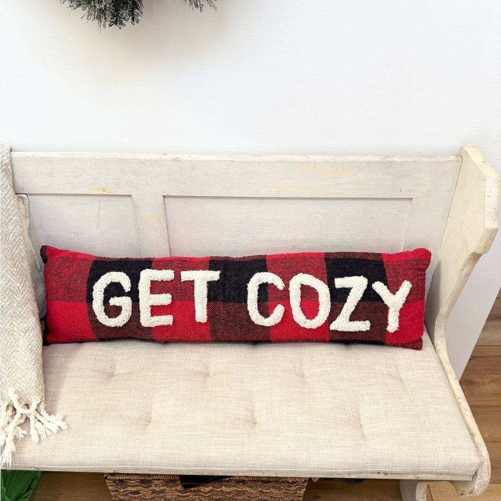 MudPie Get Cozy Red Black Buffalo Plaid Burlap Oatmeal Wool Long Accent Pillow
